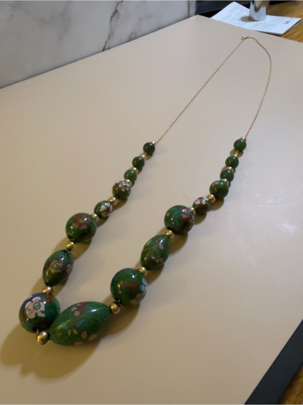 Vintage 14K Gold Jade & Cloisonné Bead